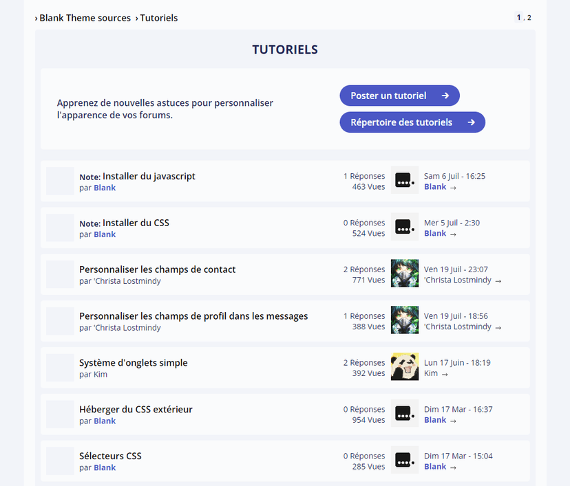Page des tutoriaux du Blank Theme
